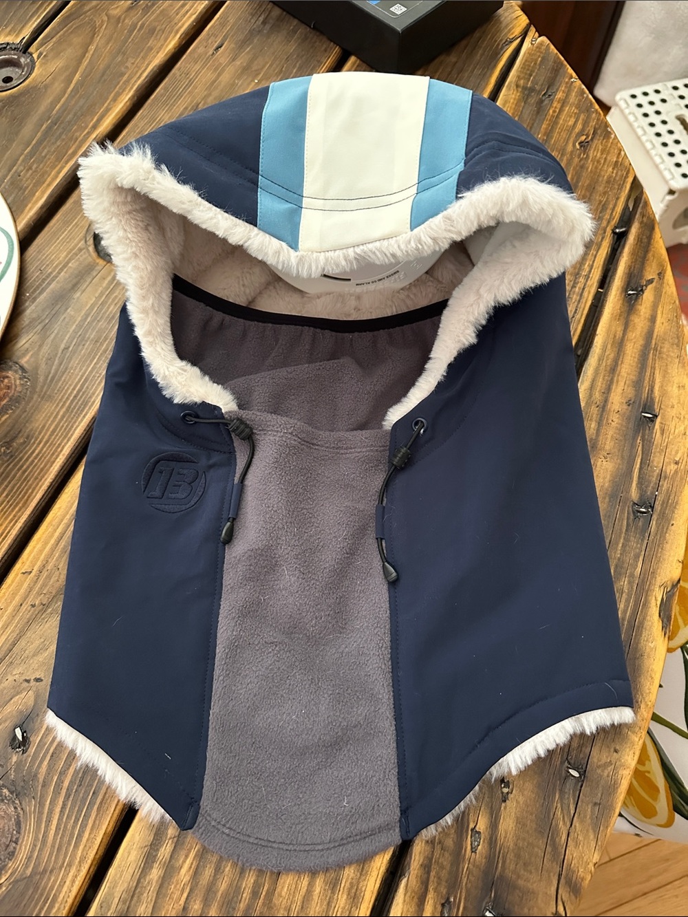 Unisex Like New Navy Blue Hooded Winter Backlava with Faux Fur Lining